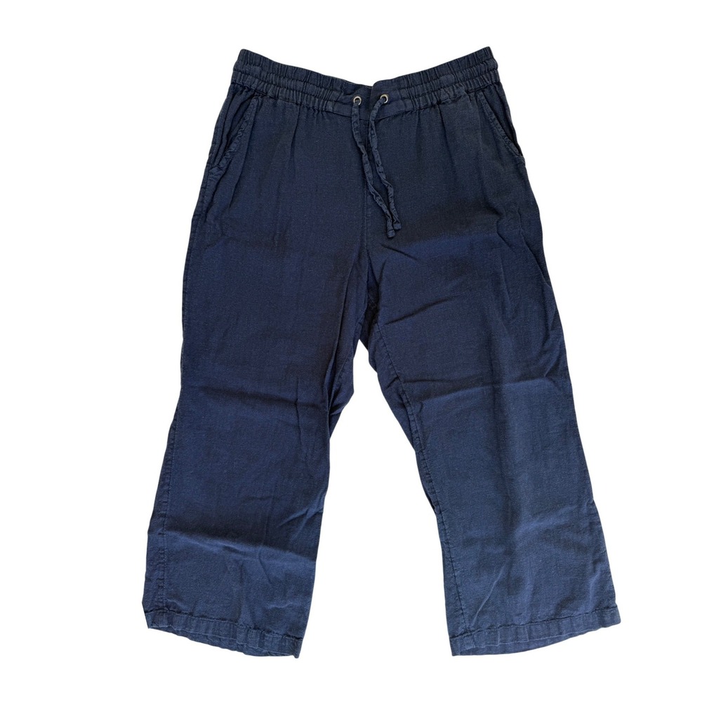Naturals d&co Womens Linen Crop Capri Pants Medium Petite Navy Casual Drawstring